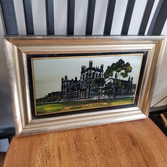 Vintage reverse painting glass picture in frame University of Chicago 14" x 10" - Picture 6 of 6